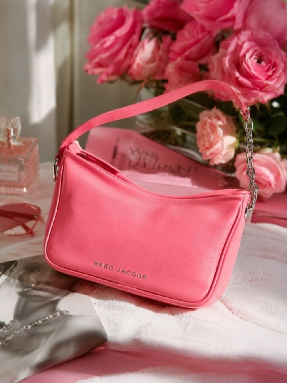 Marc Jacobs Tempo Baguette Shoulder Bag Pink Lemonade Leather Purse Silver